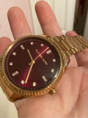 Michael Kors Gold Tone Watch with Burgundy Sunburst Dial